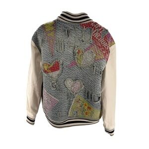 Lifted Anchors LA Patchwork Denim Varsity Bomber Jacket Distressed Women Med NEW